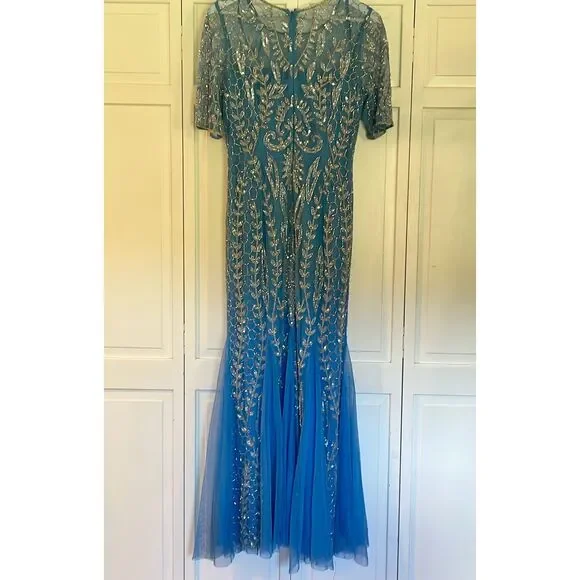 Adrianna Papell blue embellished beaded overlay mermaid occasion dress 12